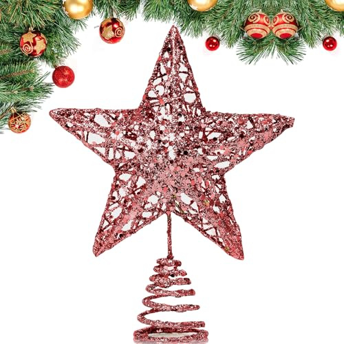 GXFCING Christmas Tree Topper, Red Glitter Star for Christmas Tree, 3D Metal Hollow Tree Top Star for Xmas Tree Topper, Christmas Home Decorations, 8 Inch
