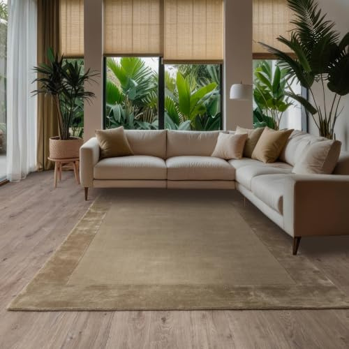 Lord of Rugs Eaton Rug for Living Room Bedroom Soft Wool Plain Hand Woven High Shine Viscose Bordered Rug Taupe Beige Natural Large 160x230 cm (5'3x7'7)