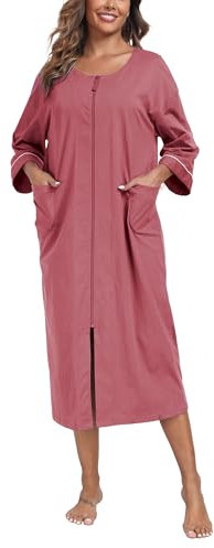 COLORFULLEAF Damen Bademantel mit Reissverschluss 100% Baumwolle Leicht Morgenmantel Hausmantel Damen Lang mit Taschen M-XXL(Purpurrot,2XL)