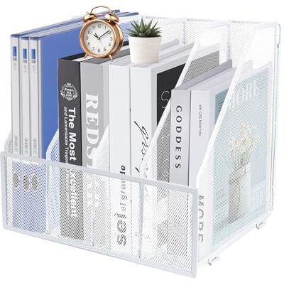 HMXLJJY Mesh Metal A4 Magazine File Holder, Desktop 4 Sections Document Holder Office File Storage Rack for Desk Tidy, Paper Organiser Filing Rack,4 Compartments,(White)