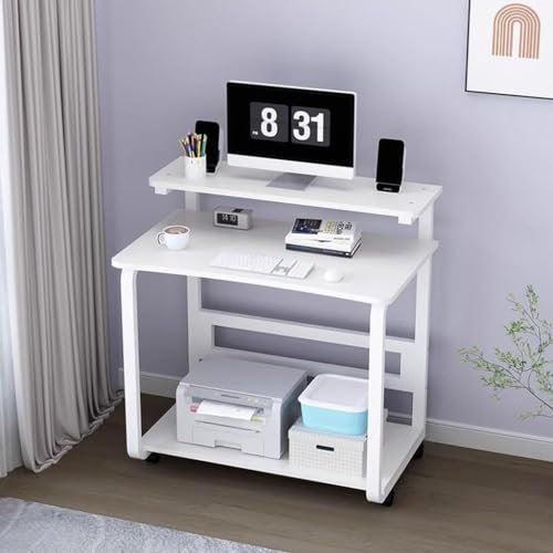 Scrivania per computer a 3 livelli con supporto per monitor, piccoli spazi, mensole per casa, ufficio, postazione di lavoro per PC, scrivania compatta per laptop su ruote