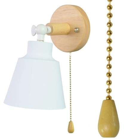 Interieur Applique Murale E27 avec Interrupteur Tirette Lampe Murale Minimaliste Base Bois Abat-Jour Aluminium Éclairage Mural 180° Regulable Industrielle Vintage Luminaire Mural pour Salon (Blanc)