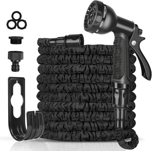 Gartenschlauch Flexibel 15m, Flex Garten Schlauch Wasserschlauch mit 8 Modi Erweiterbare Schlauch Spritzpistole 3/4 zoll und 1/2 zoll Magisches Wasserrohr, Schwarz