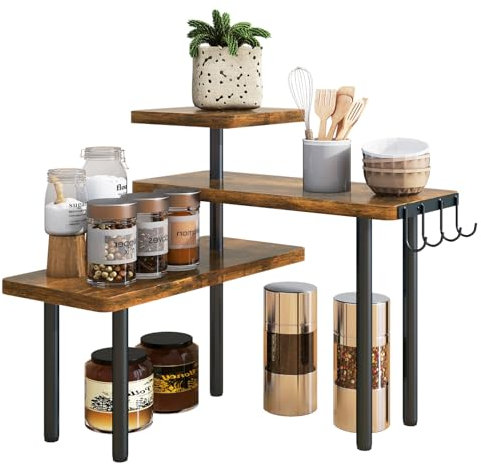 IBUYKE Countertop Organizer,3-Tier Spice Racks,Kitchen Counter Corner Shelf,4 Side Hooks,Adjustable Countertop Shelf for Kitchen, Bathroom, Coffee Bar, Cabinet, Desk,Rustic Brown,TLJ023H