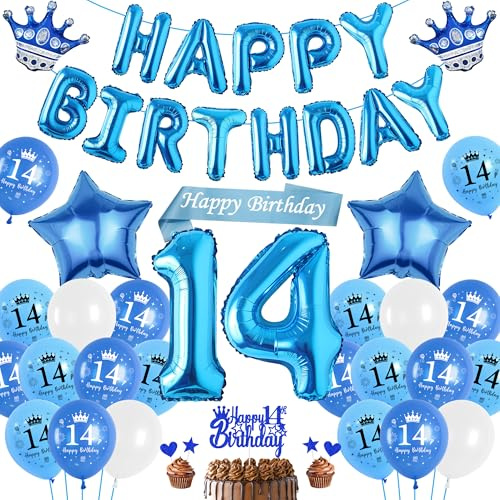 Luftballon 14. Geburtstag Deko Junge Blau, Happy Birthday Banner Ballons XXL Zahl und Stern Kronen Folienballon, Tortendeko Schärpe für Kinder Geburtstagsdeko 14 Jahr Jungen Mädchen Teenager