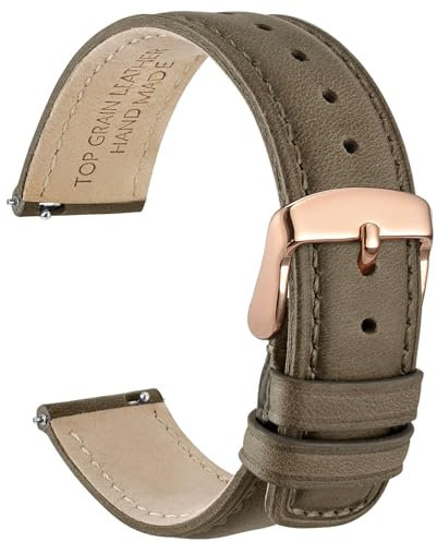 WOCCI 18mm Uhrenarmband für Herren und Damen, Echtes Leder - Top Genarbtes Leder, Schnellverschluss, Rosegoldene Schnalle (Rauchgrau)