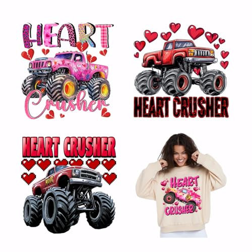 SUPERDANT 4Pcs Monster Truck Iron On Transfers Heart Crusher Heat Transfer Paper Funny Slogans Heat Transfer Stickers Washable Iron on Decals for Clothing T-Shirt Jeans Backpacks