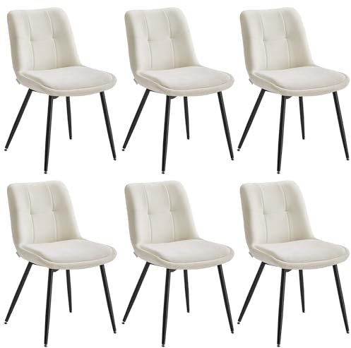 VASAGLE Esszimmerstuhl 6er Set, Küchenstuhl, Polsterstuhl, Chenille, Stuhl, bis 120 kg belastbar, Doppelkissen, Metallbeine, modern, für Esszimmer, Küche, cremeweiß KDC151W16
