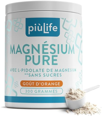 Magnesium Pulver PiùLife – 300 g (215 mg pro Portion) mit Orangengeschmack | Magnesium Carbonat und Pidolat Hochdosiert Powder Ohne Zucker – Trägt zu einem normalen Energiestoffwechsel bei
