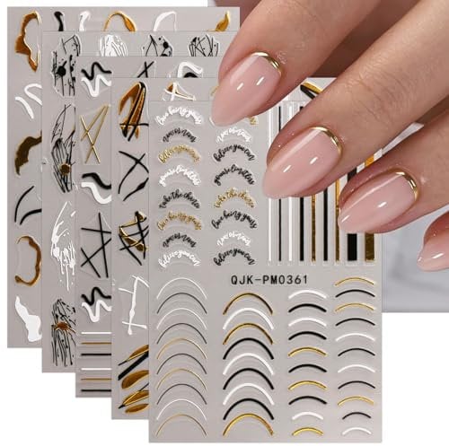 JMEOWIO 9 Sheets French Tip Line Nail Art Stickers Decals Self-Adhesive Nail Supplies Design Decoration Accessories