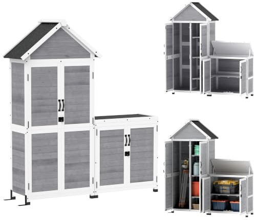 Outsunny Abri de Jardin + Armoire de Rangement en Bois Toit Incliné Gris | Cabane de Jardin Extérieur Intérieur,Toit Incliné en Asphalte,Étagères,Portes Verrouillables,Armoire à Outils pour Balcon