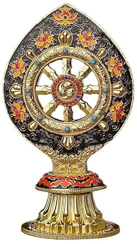 Tibetisches Dharma Rad Deko Statue Gold Schwarz 17cm Höhe Buddhistische Kunst Ornament mit Lotus Design