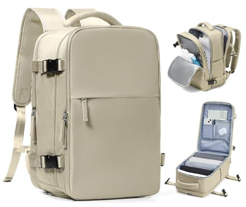 BJLFS Sac à dos sous vide avec pompe Ryanair Wizzair 40x30x20 Femme Sac Cabine Avion 40x30x20 pour Ryanair Bagage Cabine 45x36x20 Easyjet Bagage à Main Sac pour Ordinateur Portable Homme Kaki