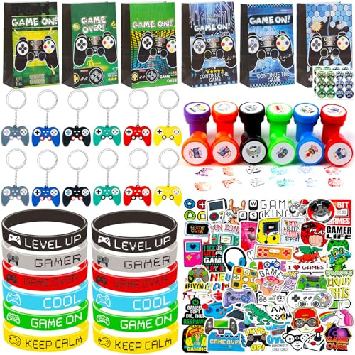 110 PCS Gaming Party Bags Fillers Set, Video Game Party Favours with Black Party Bags Sticker Silicone Bracelets Keychains and Stamps Kids Birthday Party Supplies, Goodie Bag Fillers for Gamer Party
