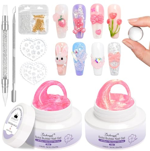 BISHENGYF 3d Gel Nail Art,Grande Capacité Transparent 2pcs 30g Perle De SirèNe Non Collante Gel 3d Ongle,Sculpture Claire Ongle 3d Pour Extension Nail Art Salon Hom Diy Comprend Moules (Rose)