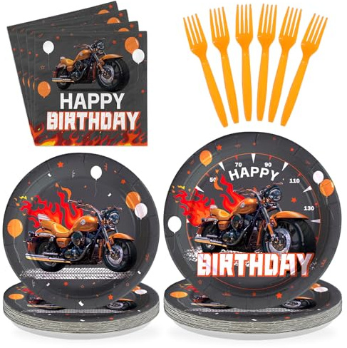 96Pcs Motorcycle Birthday Party Decorations Dirt Bike Birthday Paper Plates and Napkins Sets Black and Orange Dirt Bike Motorbike Decorations for Boys Motorcycle Theme Bday Party Supplies Serves 24