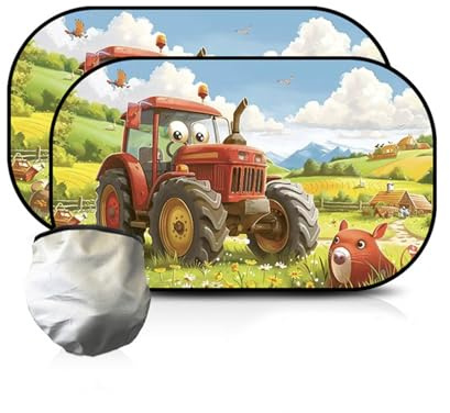 FOSDICK 2 PCS Sonnenschutz Auto Baby, UV Schutz Sonnenblende Auto Kinder, Faltbar Autofenster Sonnenschutz Kinder, Car Window Sun Shade Baby, Cartoon Traktor Muster auto uv schutz fenster baby 51x31CM