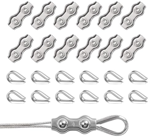 Abrazadera Cable Acero Inoxidable 304,24 Piezas M4 Abrazadera Dúplex y Guardacabos M4, para Tendedero Fijo y Vela Solar, Fijación de Cable para Exterior, Cubierta de Barco, Toldo (M4)