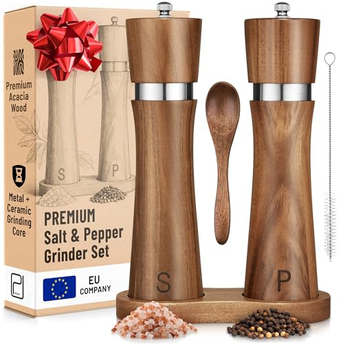 Premium Manual Acacia Wood Salt and Pepper Grinder Set with Tray 8 Inches, Pack of 2, PJC-Kitchen