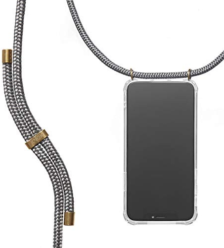 KNOK Premium Handykette für Apple iPhone 17 Pro, Grau, transparent | Silikonhülle mit fest verbundener Kordel zum Umhängen, stoßfest, ideal für Festival, Konzert oder Alltag, robust