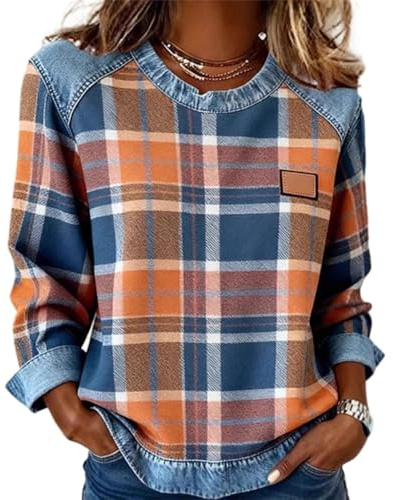 Damen Langarmshirt Rundhals Karierte Sweatshirt Casual Locker Longsleeve Shirt Mode Denim Patchwork Oberteile Pullover Tops S-3XL