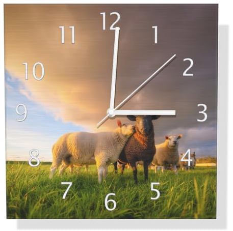 Wallario Design Wanduhr Schafherde im Abendlicht aus Aluverbund, Alu-Uhr Größe 30 x 30 cm, weiße Zeiger mit Metalloptik