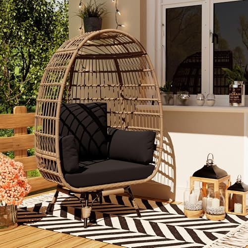 Egg Chair with Stand, Indoor/Outdoor Hammock Chair with Thickened Cushion & Head Pillow, 360° Swivel Steel Frame with 160kg Weight Capacity, Rattan Lounge Seat for Patio, Garden, Balcony & Backyard