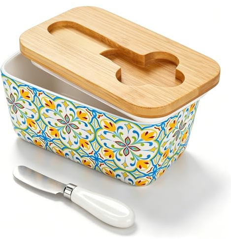 Hbzunt Mantequillera de cerámica, con cuchillo y manta de madera, gran caja de mantequilla para el hogar y la cocina (19 x 11,5 x 11,5 cm)