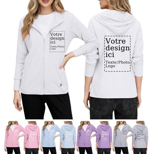 Veste Sport Femme Personnalisable avec Texte Image Logo UPF50+ Sweat à Capuche Protection Solaire avec Poches Manche Longue Personnalisé Chemise Anti UV Haut Ete Respirant Légère Sun Hoodie Blanc XL
