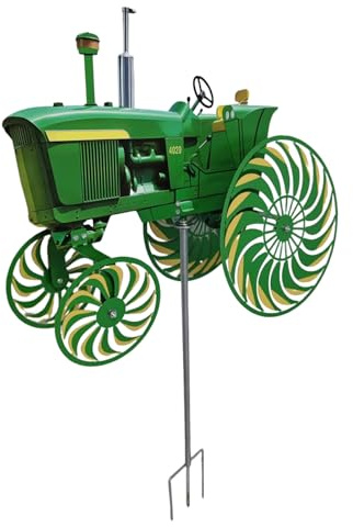 Windrad Garten Metall Grünes Traktor-Modell, Windspiel, Wetterfeste Gartendeko Draußen für Beete, Rasen, Balkon & Terrasse