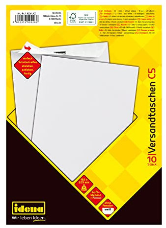 Idena 10226 - Versandtaschen DIN C5, 10 Stück haftklebend, Briefumschläge ohne Fenster, aus 90 g/m² FSC-Mix Papier in Weiß