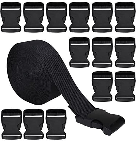 RETON 15MM 10 Yards Schwarz Nylon Gurtband + 20 Stück Verstellbare Schnallen Kunststoff Seitenschnallen, Gurtband mit Schnalle für die Reparatur von Rucksack Gepäck Gurt. (15MM+20 Stück)