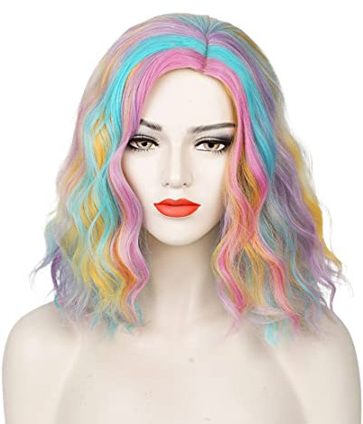 ATAYOU Kurze Regenbogen Perücke Mehrfarbiger Bob Synthetische Damen Perücke für Fasching Karneval Halloween Party