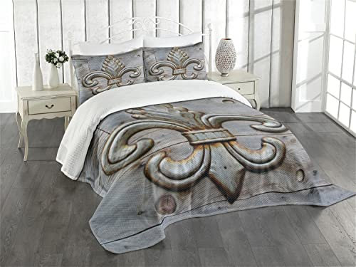 ABAKUHAUS Fleur De Lis Tagesdecke Set, Alte Zeichen Holz, Set mit Kissenbezug Feste Farben, für Einzelbetten 170 x 220 cm, Grauen braunen