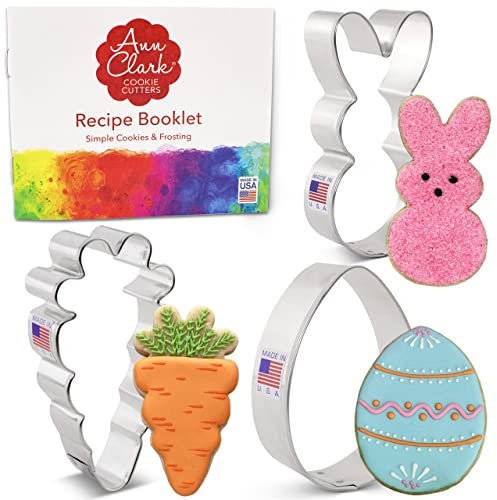 Ann Clark Cookie Cutters Ensemble de 3 emporte-pièces Pâques amusant avec livret de recettes, lapin et œuf de Pâques, carotte