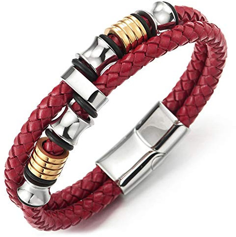 COOLSTEELANDBEYOND Doppel-Lap Rot Geflochtenem Lederarmband Herren Armband Leder Schweißband Silber Gold Farbe Edelstahl Charme
