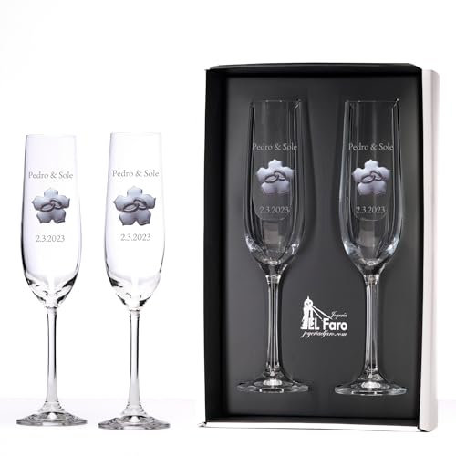JOYERIA EL FARO | Copas grabadas para novios | Copas personalizadas para bodas | Cristal de Bohemia de alta resistencia | Estuche premium incluido | Brinda y celebra el amor