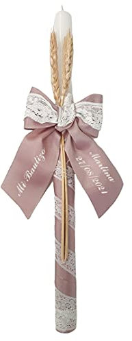 Nenel - Vela para Bautizo Personalizada con Nombre y Fecha - Modelo París - Rosa Maquillaje
