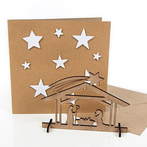 Logbuch-Verlag 3 besondere Weihnachtskarten mit Krippe aus Holz - weihnachtliche Grußkarten aus Kraftpapier braun weiß 15 cm