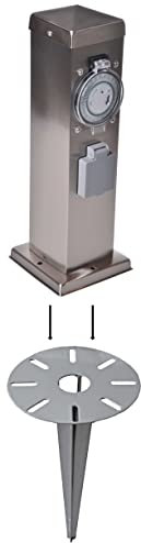 Novatool Steckdosensäule I Zeitschaltuhr I 2 Fach I Silber gebürstet I Edelstahl I eckig I mit Erdspieß I Garten Mehrfachsteckdose Outdoor Steckdosenleiste Stromverteiler Außen