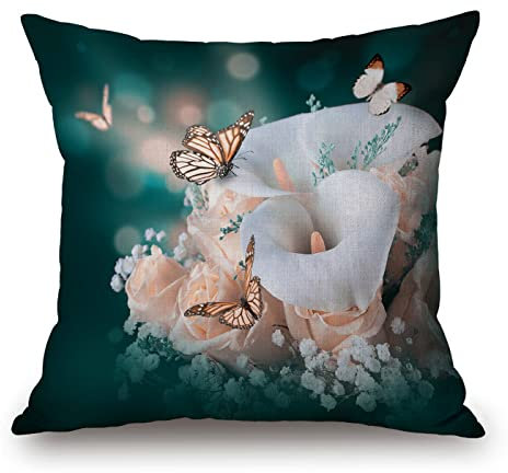 Solekla Kissenbezug mit Blumen- und Schmetterlings-Motiv, weiße Calla-Lilie, rosa Rose, Frühlingsblumen, Blumenstrauß, dekorativer Kissenbezug, quadratisch, 45,7 x 45,7 cm