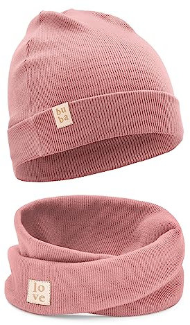 Bubalove Mützen und Schalset für Jungen, Mädchen, baby, Größen 0mc bis 12 Jahre+ viele Farben, Frühlings-, Herbstsets, Baumwollmützen, handgenäht (46-52 cm, Pfingstrose)
