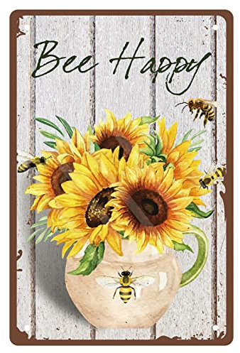 CREATCABIN Bee Happy Blechschild Metall Sonnenblume Blumenvase Metall Wanddekoration Kunstposter Vintage-Eisenmalerei Plakette Für Zuhause Schlafzimmer Wohnzimmer Garten Hof Drinnen Draußen 30x20cm