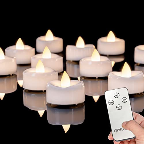 AMAGIC 12 Stück Flackernde Flammenlose Teelichter Mit Timer und Fernbedienung, LED Batterie Elektrische Kerzen Für Diwali Weihnachten, Build In 6 Stunden Timer, D3,8 CM X H 3,1 CM, Warmweiße