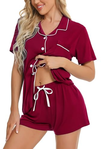 SWOMOG Pyjamas Set Button Down Sleepwear Womens Short Sleeve Nightwear Soft Pj Lounge Sets S Wine Red