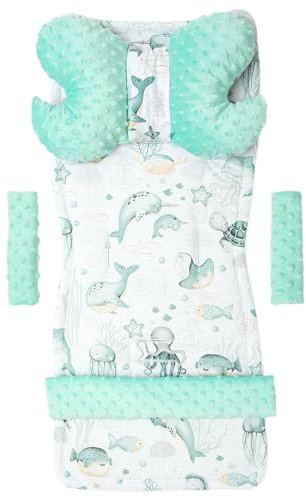 Medi Partners Sitzauflage Kinderwagen Buggy Baby Sommer Kindersitz Einlage Universal - 5tgl Gurtpolster + Spielbogen Kinderwagenset Babyschale (Ozean mit Minze Minky)