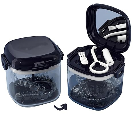 MURRI&MURRDI Retainer Case, Denture Bath Box with Strainer Basket, Mouth Guard Case, Braces Cleaner Cup, Cute Denture Holder Night Guard Storage Soak Container for Travel Cleaning (A Blue)