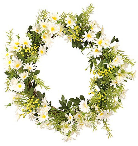 14Inch Yellow Daisy Wreath, White Spring Summer Wreath Fake Silk Floral Wreath for Front Door Window Wall Wedding Farmhouse Decor (1)