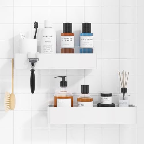 Kitsure Duschablage ohne Bohren - 2 Stück rostfreie Badezimmer Organizer, schnell trocknende Badregal ohne Bohren mit großer Kapazität, langlebige Shampoo Halterung für Duschel, Large, Weiß
