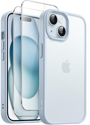 JETech 3 in 1 Matt Hülle für iPhone 15 6,1 Zoll mit 2 Stück Gehärtetes Glas Schutzfolie, Transluzente Gefrostete Stoßfest Telefon Abdeckung (Blau)